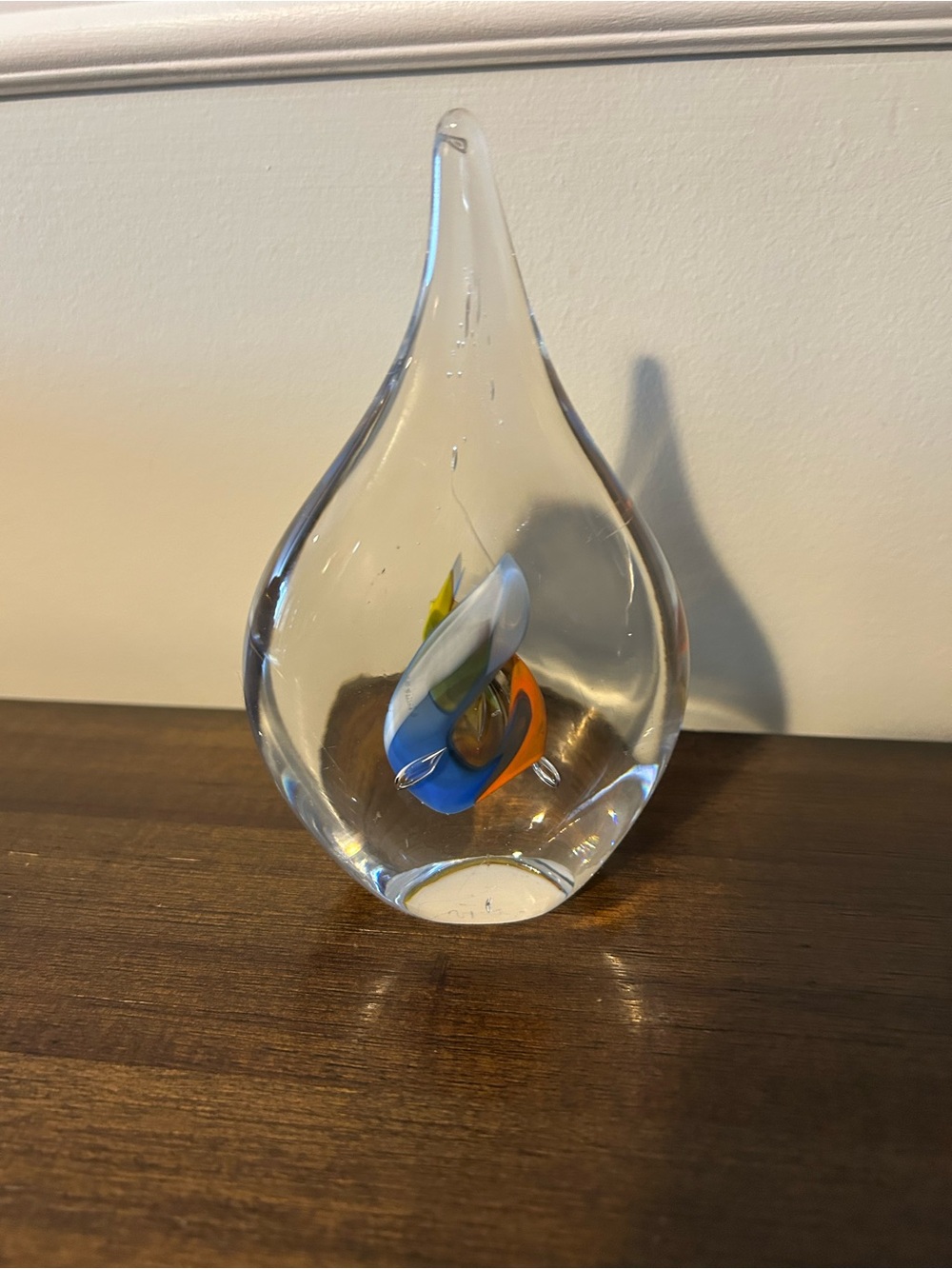 Glass Teardrop paperweight Art Sculpture with Blue and Orange Accent